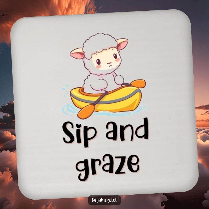 Funny fluffy sheep bobbing in a brightly colored kayak, offering protection with a serene smile. This coaster is pure gentle fun.