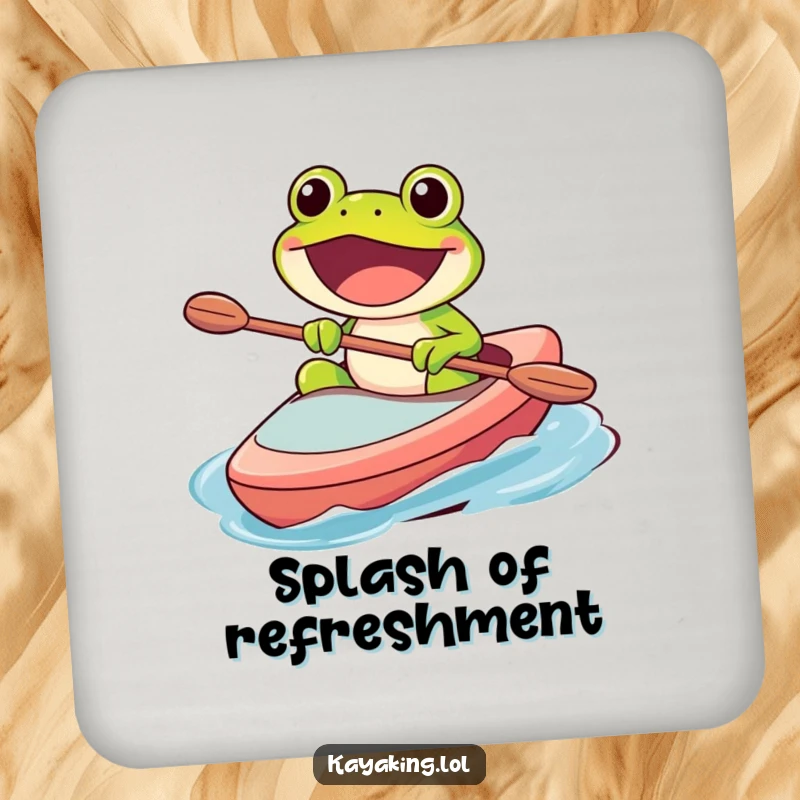 Funny drink coaster with a happy frog character paddling a kayak with a wide, excited grin, adding humor to any setting.