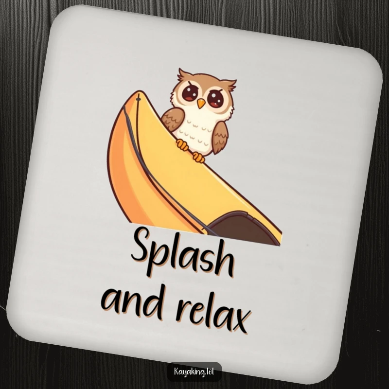 Funny giggling owl peeking over a kayak edge, providing a humorous and protective barrier for drinks. This coaster is a conversation starter.