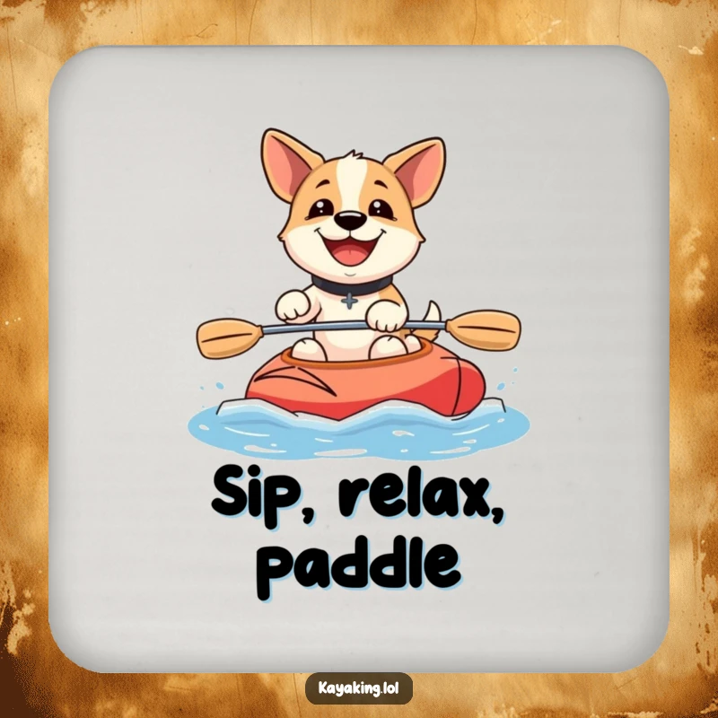 Funny happy dog kayaking coasters feature a smiling dog paddling a kayak, protecting surfaces with nautical humor.