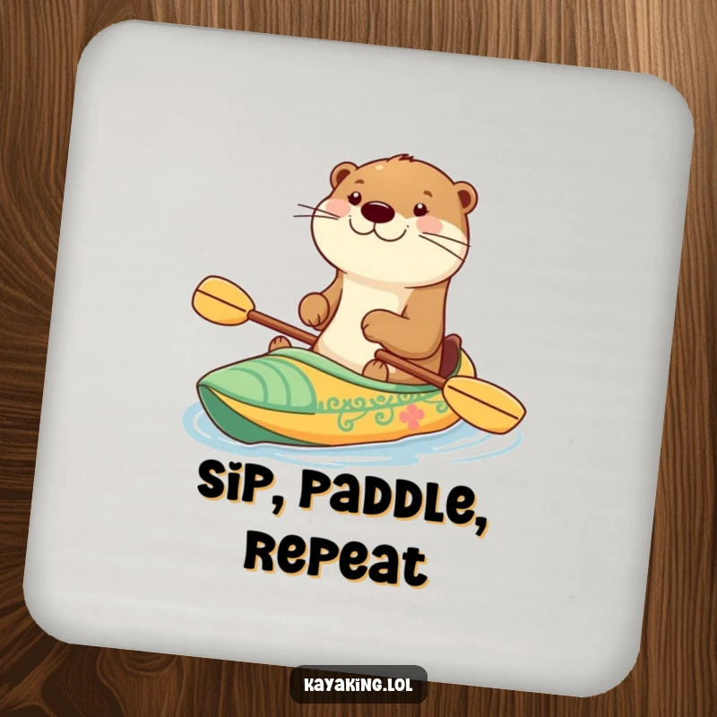 Funny drink coaster with a happy otter paddling a decorated kayak with a grin, adding charm and protection to any surface.