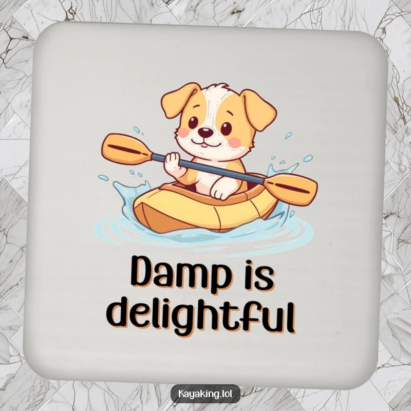 Funny Puppy Coaster: Playful puppy splashing water from a kayak, a humorous and protective addition to any table.