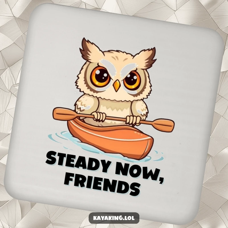 Funny Startled Owl Kayak Coasters: A startled owl faces kayaking peril, protecting furniture with humor.