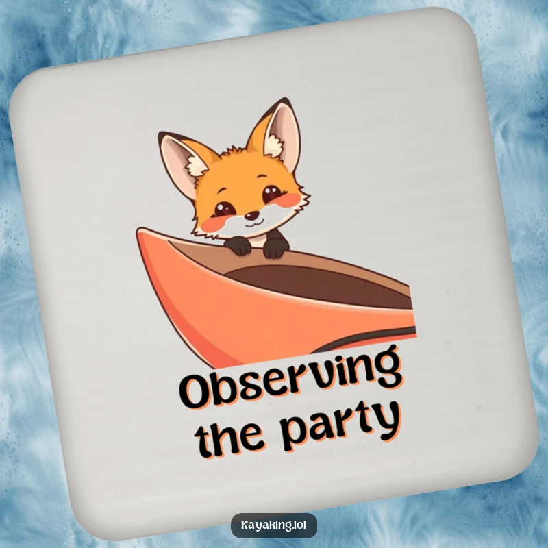 Funny curious fox peering over the edge of a kayak on a drink coaster, a stylish and humorous table accessory.
