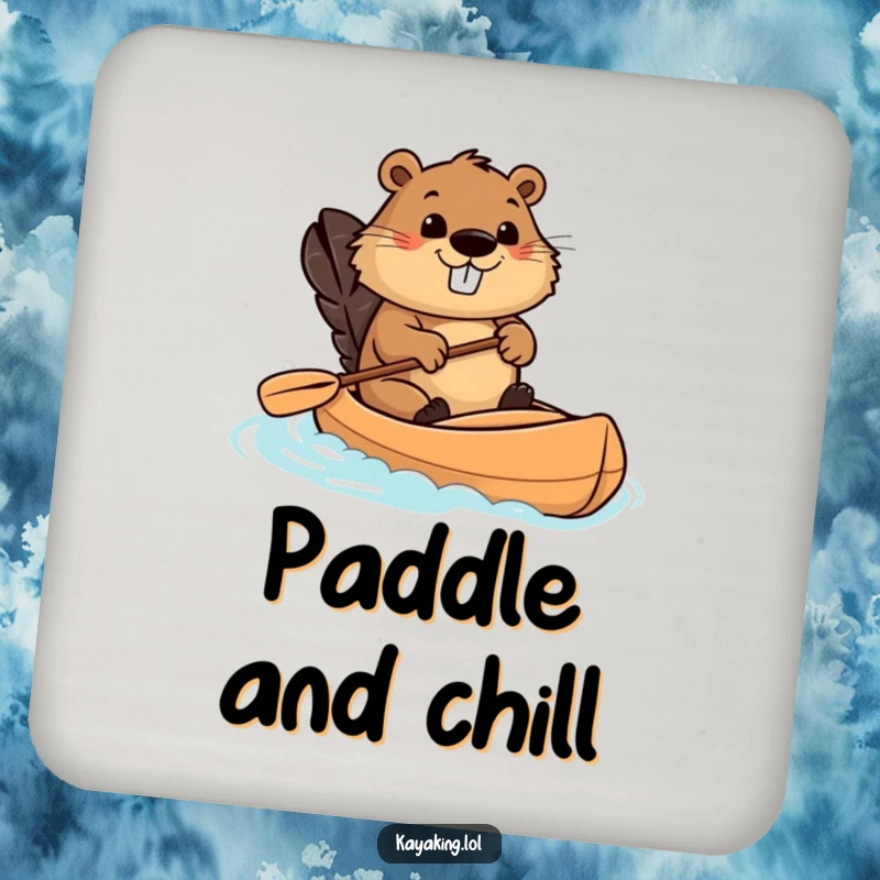 Funny beaver kayaking drink coasters showing a determined beaver paddling a kayak, protecting surfaces with humorous charm and outdoor flair.