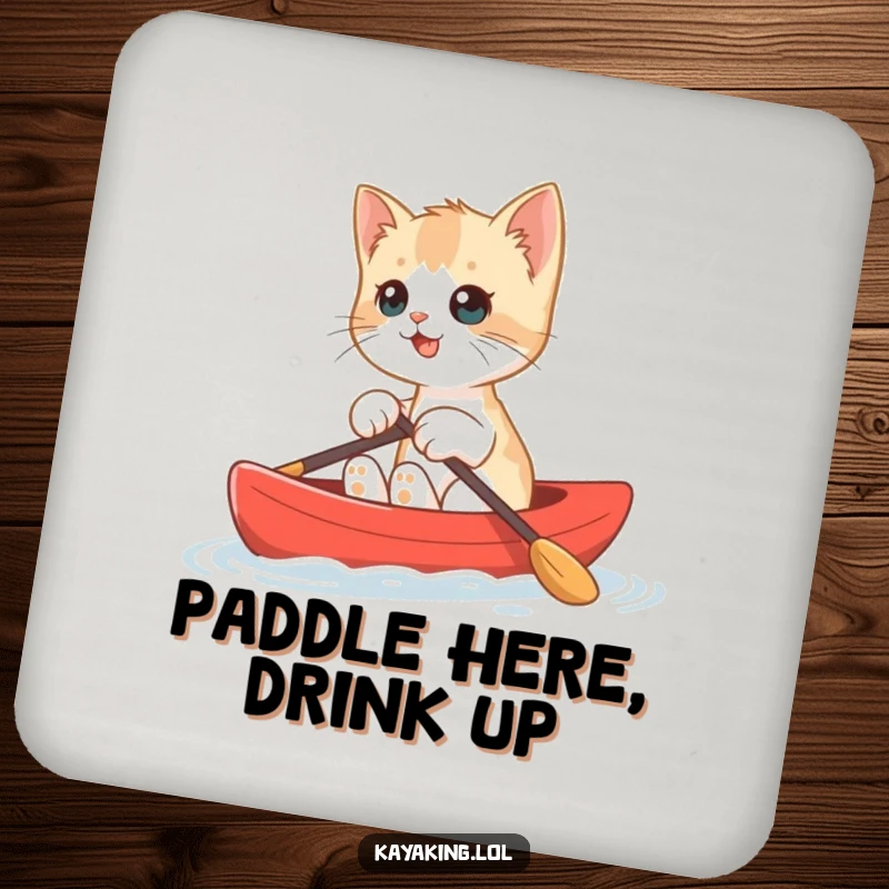 Funny Kitten Kayak Drink Coaster with a playful kitten paddling a red kayak, adding humorous flair to tabletops.