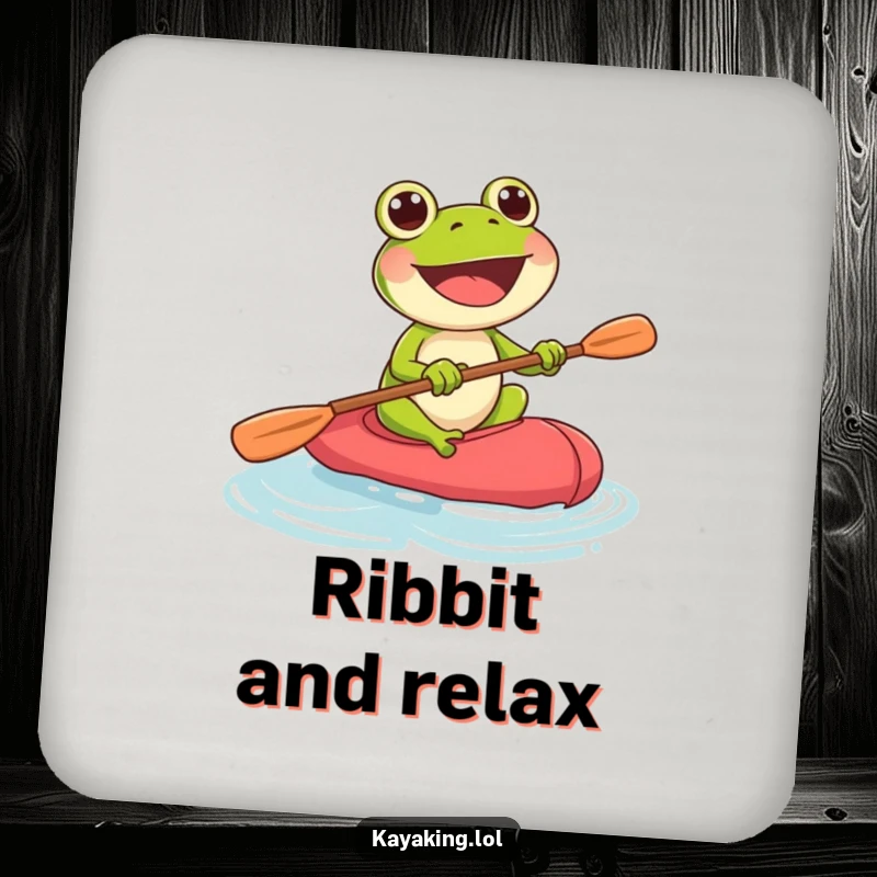 Funny frog enthusiastically paddling a kayak, a protective coaster for drinks with an energetic design.