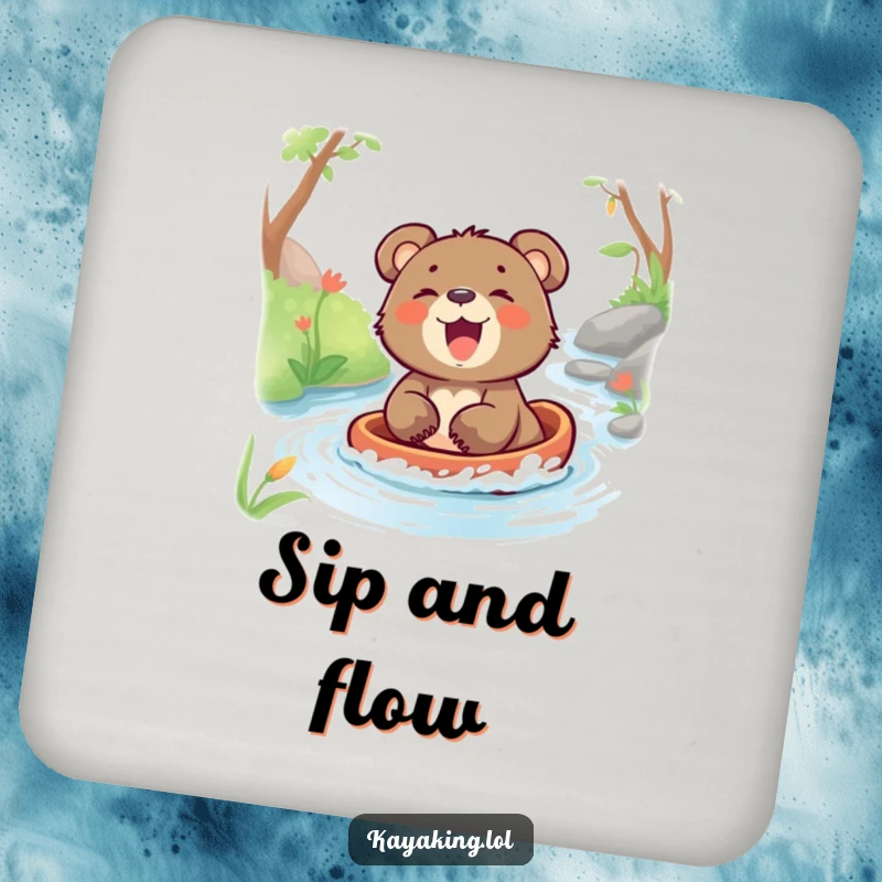 Funny drink coaster featuring a laughing bear cub gliding down a stream, bringing a touch of nature and humor.