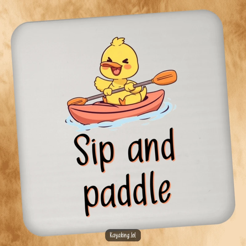Funny drink coasters featuring a joyful duck paddling a kayak, protecting surfaces with a smile.