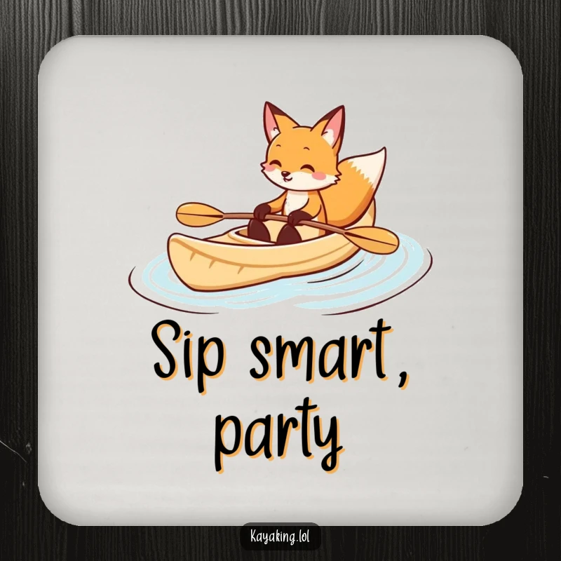 Funny fox kayaking coasters show a smiling fox paddling a kayak, protecting surfaces with elegant nature-themed humor.