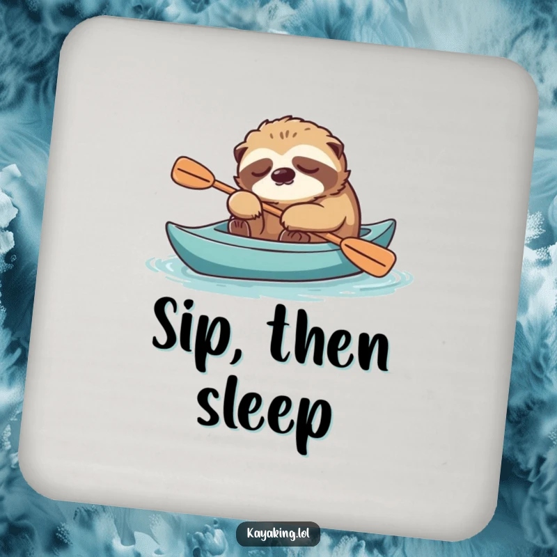 Funny sloth napping in a kayak with paddle, featured on a drink coaster for calm decor.