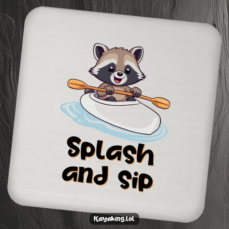 Funny raccoon paddling a kayak with paw on paddle, featured on a drink coaster, adding a humorous and protective element.
