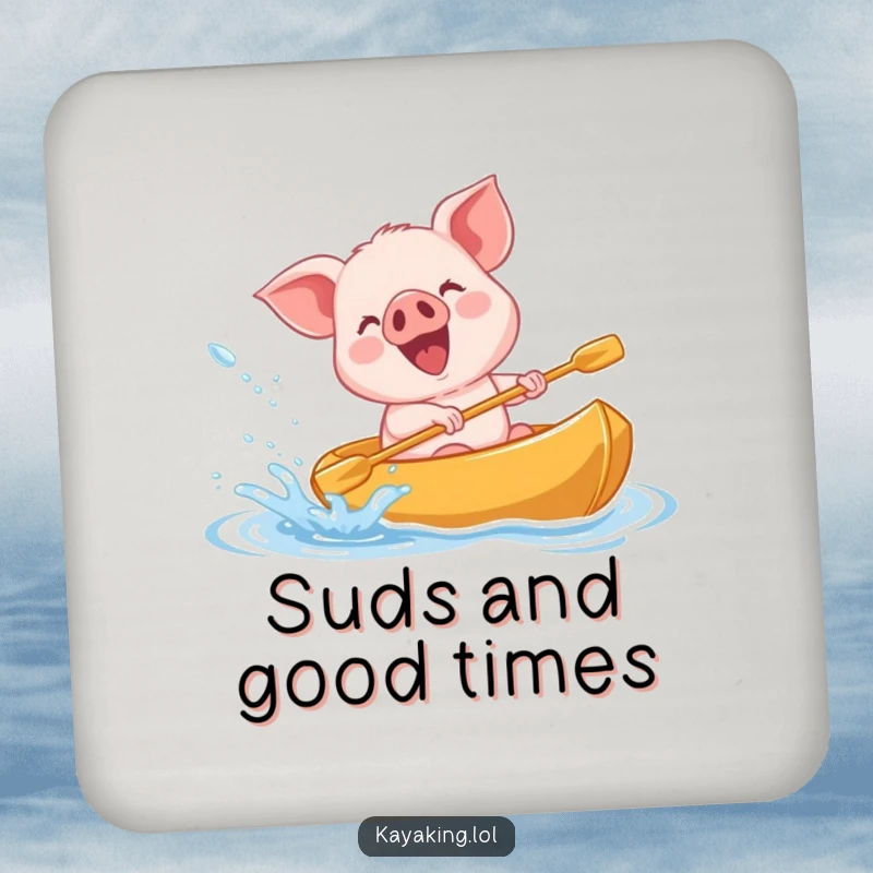 Funny giggling piglet splashing water from a kayak on a drink coaster, a fun and humorous table accessory.