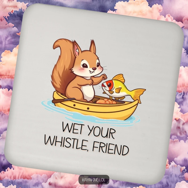 Funny Coaster, a squirrel in a kayak fishing, providing a humorous and protective surface for drinks.