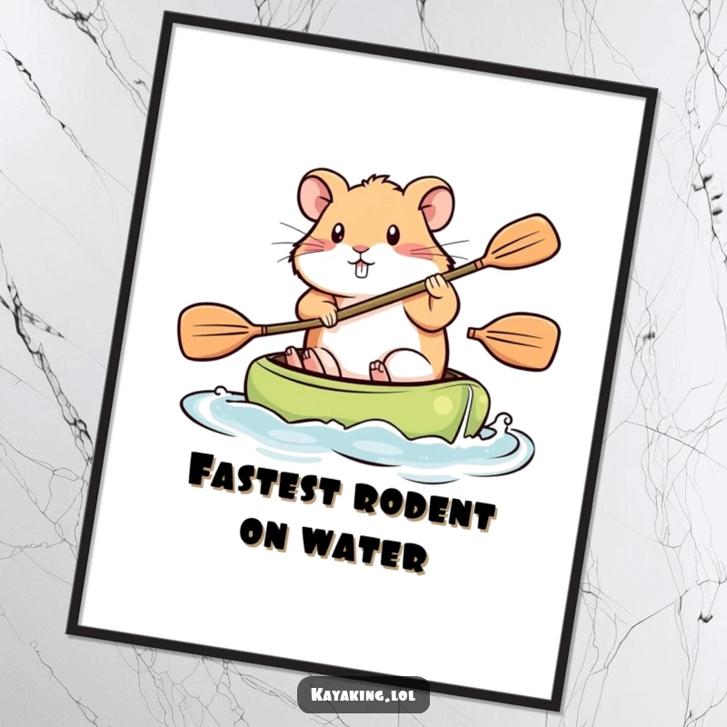 Funny Poster, a hamster paddling a kayak with intense focus, serving as motivational wall art with a humorous touch.