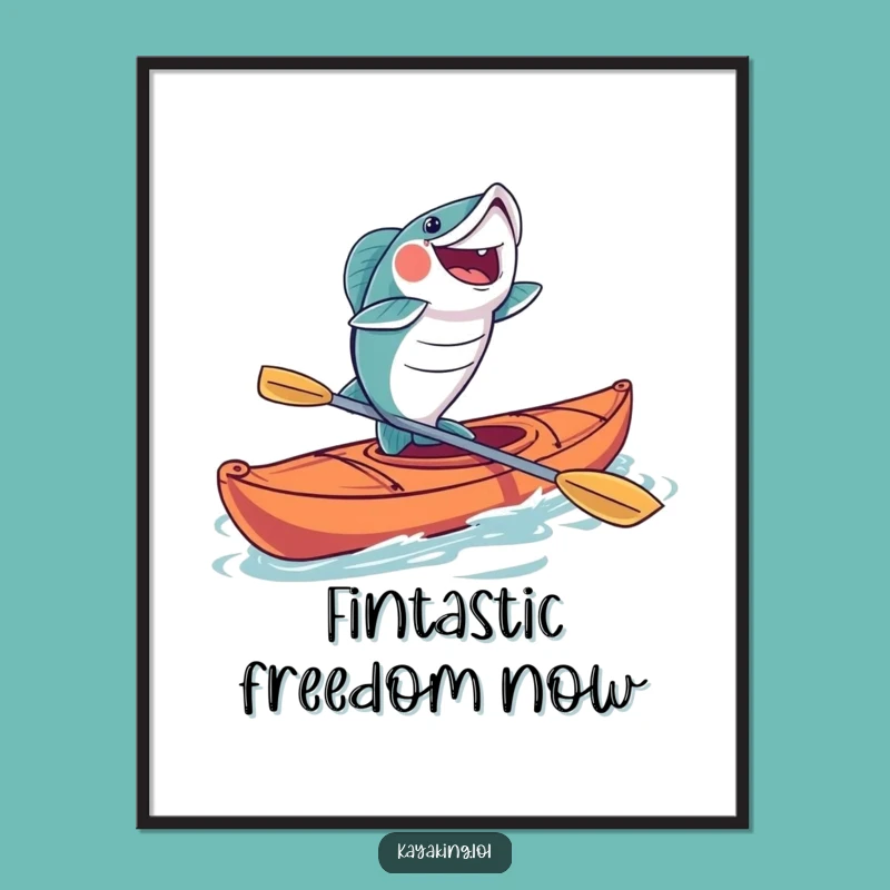 Funny Fish Kayaking Poster: Joyful Leaper Art for a Hilarious Fishing Den