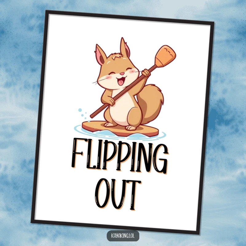 Funny art poster of a determined squirrel energetically flipping its paddle with visible playful effort, capturing ambition.
