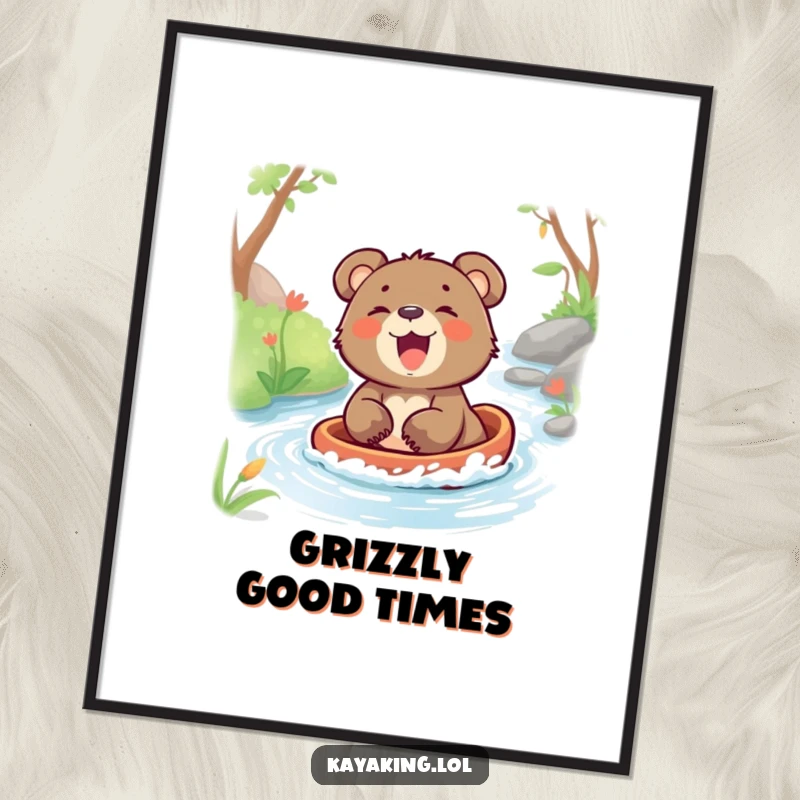 Funny art poster of a happy bear cub laughing heartily while smoothly gliding down a flowing stream, radiating pure fun.