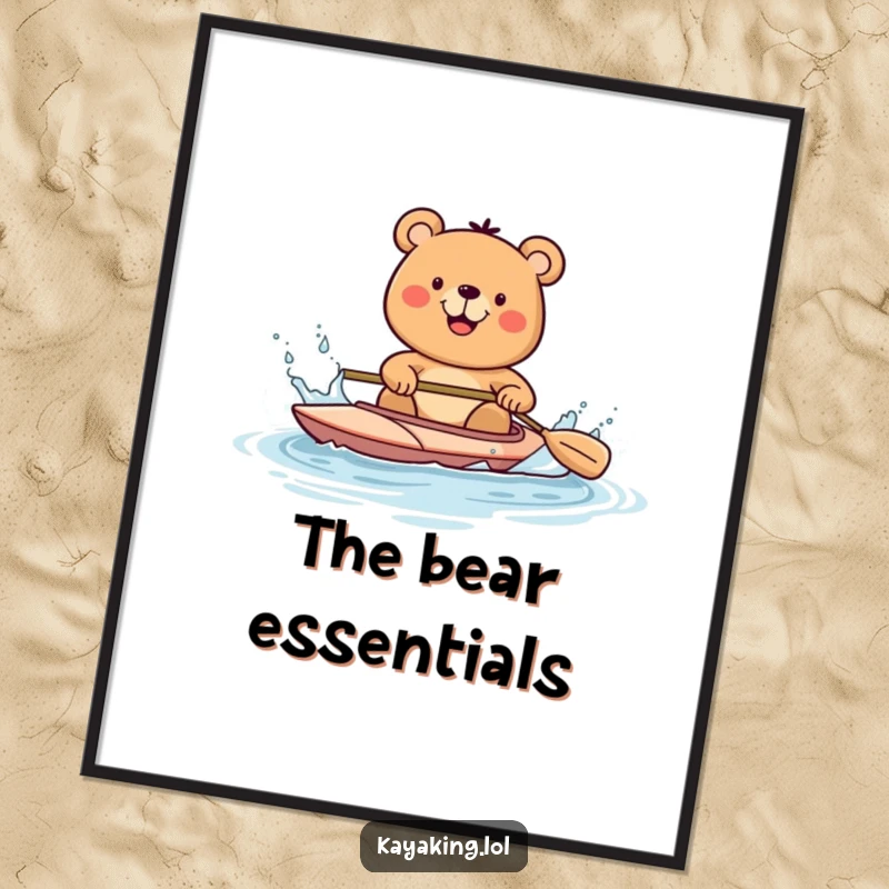 Funny bear joyfully splashing water with a kayak paddle, depicted on a poster, bringing playful energy and outdoor vibes.