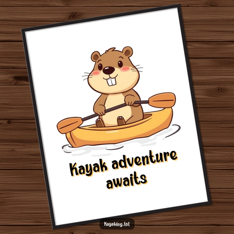 Funny poster of a determined beaver enthusiastically paddling a small kayak, perfect for adding humor to any room's decor.