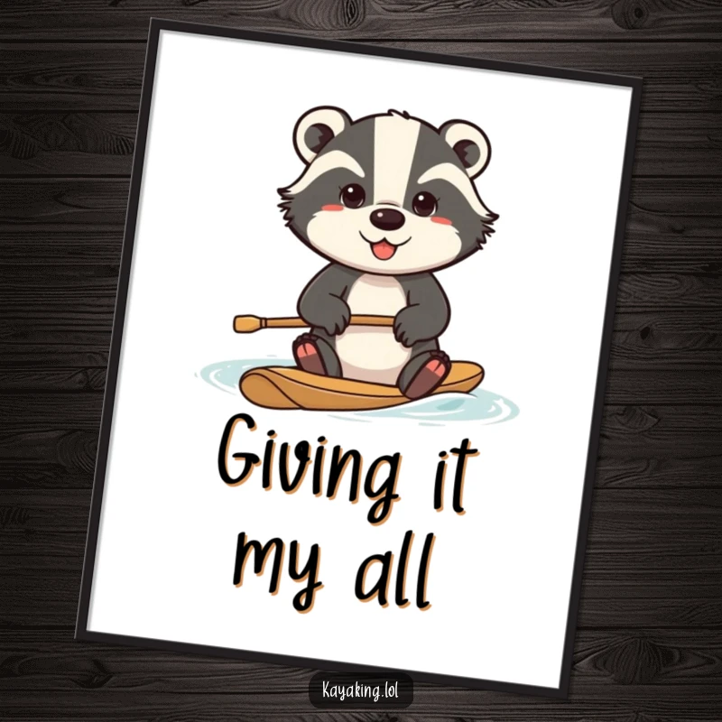 Funny determined badger poster, a badger paddling intensely, motivational wall art, perfect for gyms or offices.