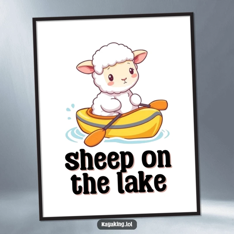 Funny fluffy sheep bobbing along in a brightly colored kayak, creating a serene and heartwarming scene. This poster is udderly charming.