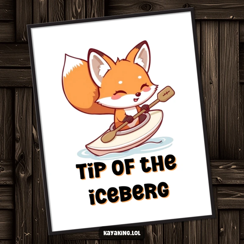 Funny fox kayaking poster, a joyful red fox tipping its kayak, water droplets flying, artistic and humorous wall decor for nature lovers.