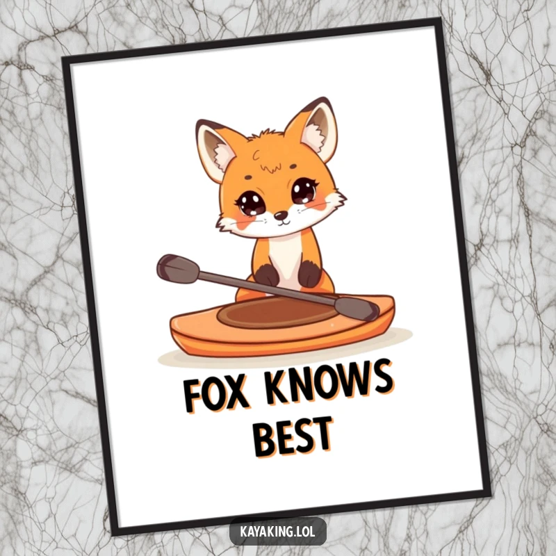 Funny poster featuring a curious fox peering over the edge of a small kayak, creating a playful and intriguing wall display.