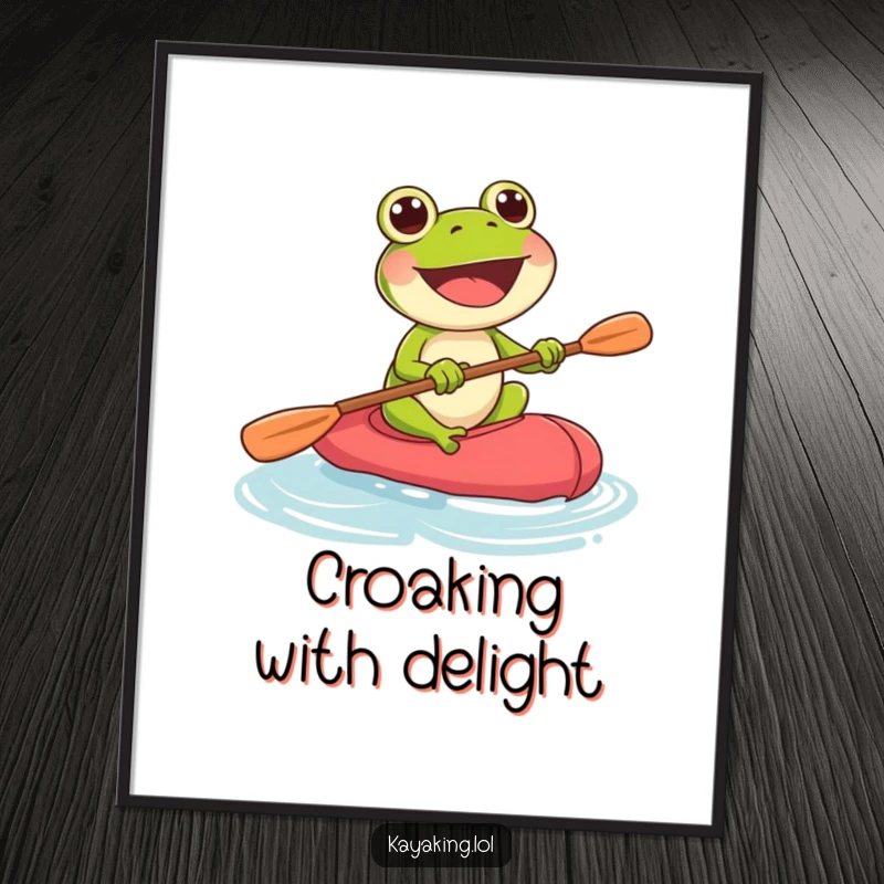 Funny frog paddling with gusto in a kayak, a delightful and energetic art print for wall decoration.