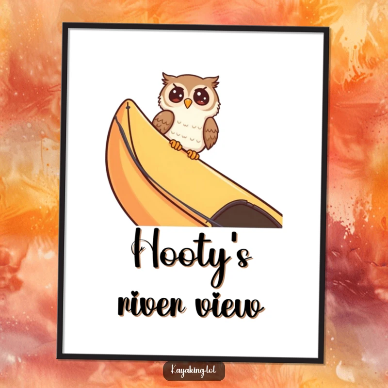 Funny giggling owl peeking over a kayak edge, capturing a moment of pure, unadulterated amusement. This poster is wall-worthy fun.