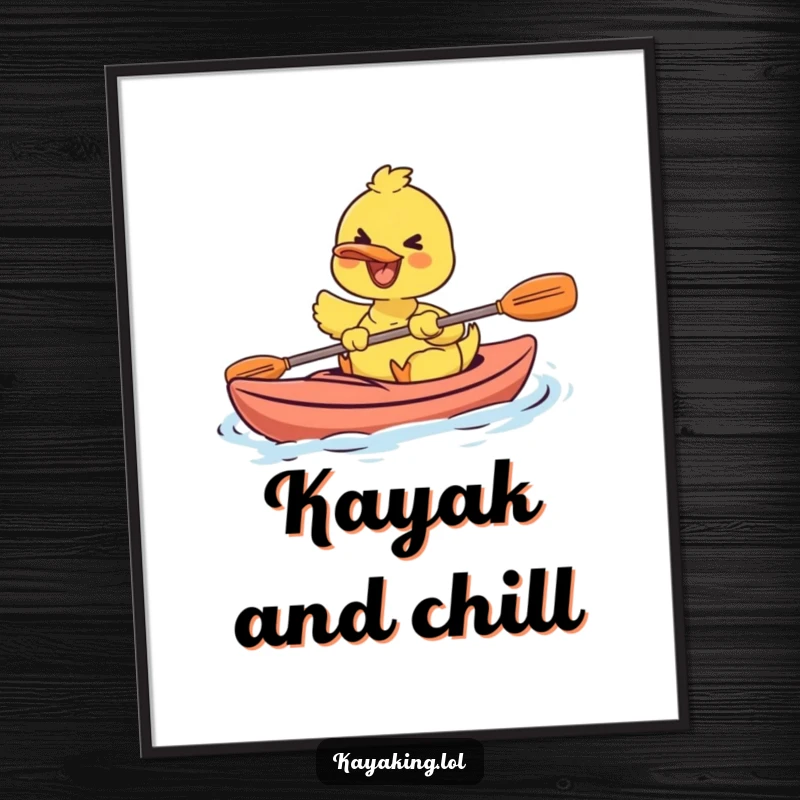 Funny poster art of a gleeful duck navigating a kayak with sheer delight, perfect for adding humor to any wall.