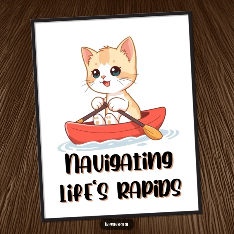 Funny Kitten Kayak Poster depicting a small kitten kayaking with enthusiasm, adding humorous charm to any room decor.