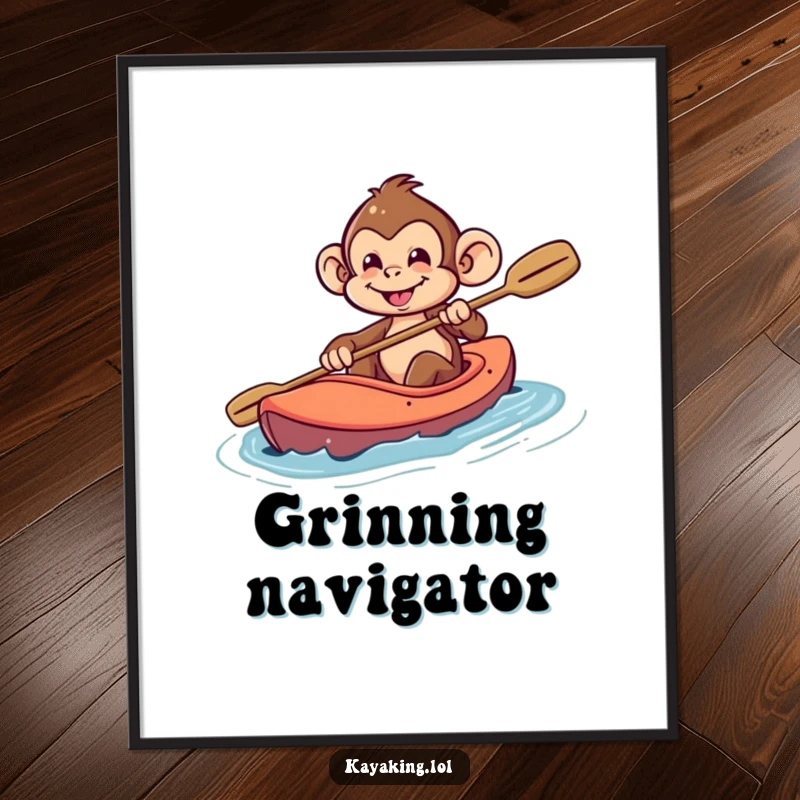 Funny Monkey Poster: A playful monkey with a mischievous grin steering a kayak, perfect for adventurous wall decor.