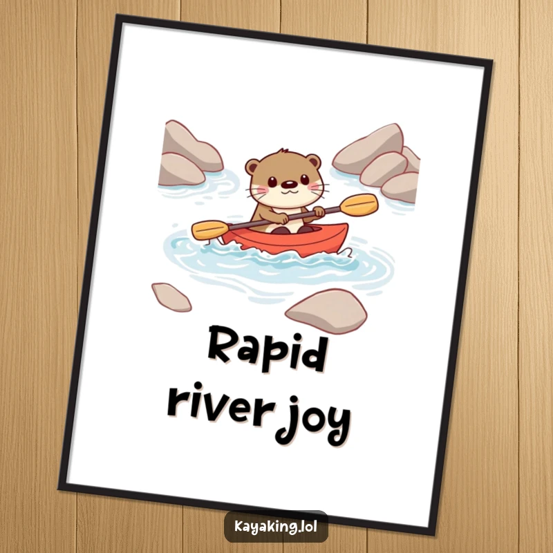 Funny poster of a playful otter character navigating rapids in a kayak, embodying the spirit of thrill-seeking and fun.