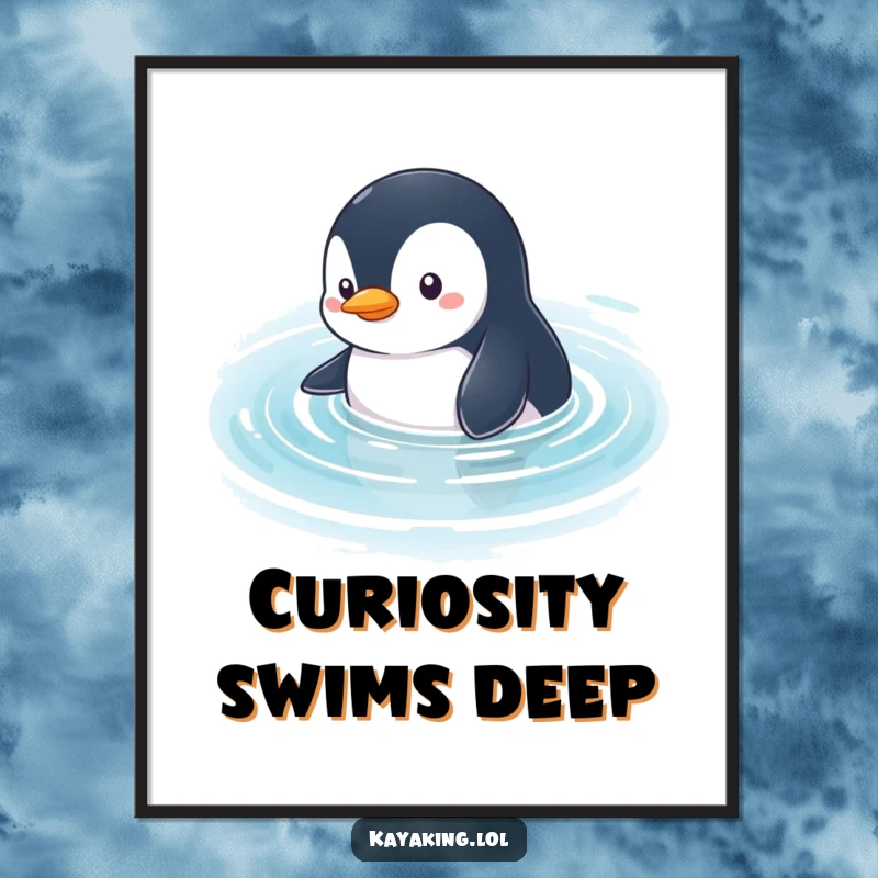 Funny Penguin Poster: A curious penguin glides through calm water, looking around with an inquisitive expression, perfect for wall decor.