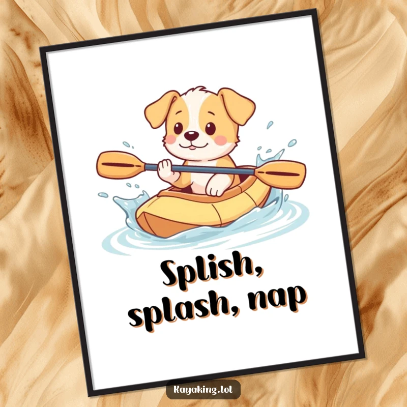 Funny Puppy Poster: Playful puppy splashing water from a kayak, capturing the fun and energy of water-loving dogs.