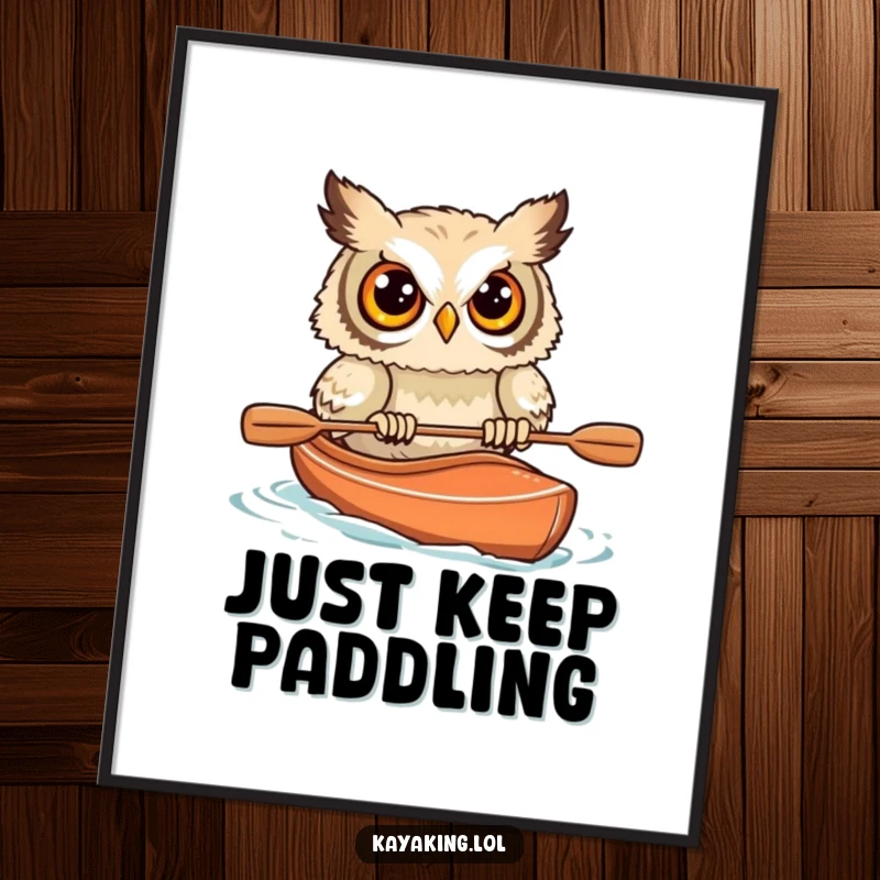 Funny Startled Owl Kayak Poster: A wide-eyed owl's near-capsize, a humorous wall art for any room.