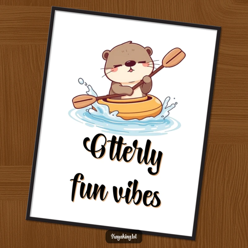 Funny winking otter splashing water playfully from its kayak, creating a dynamic and cheerful scene. This poster is aquatic art with attitude.