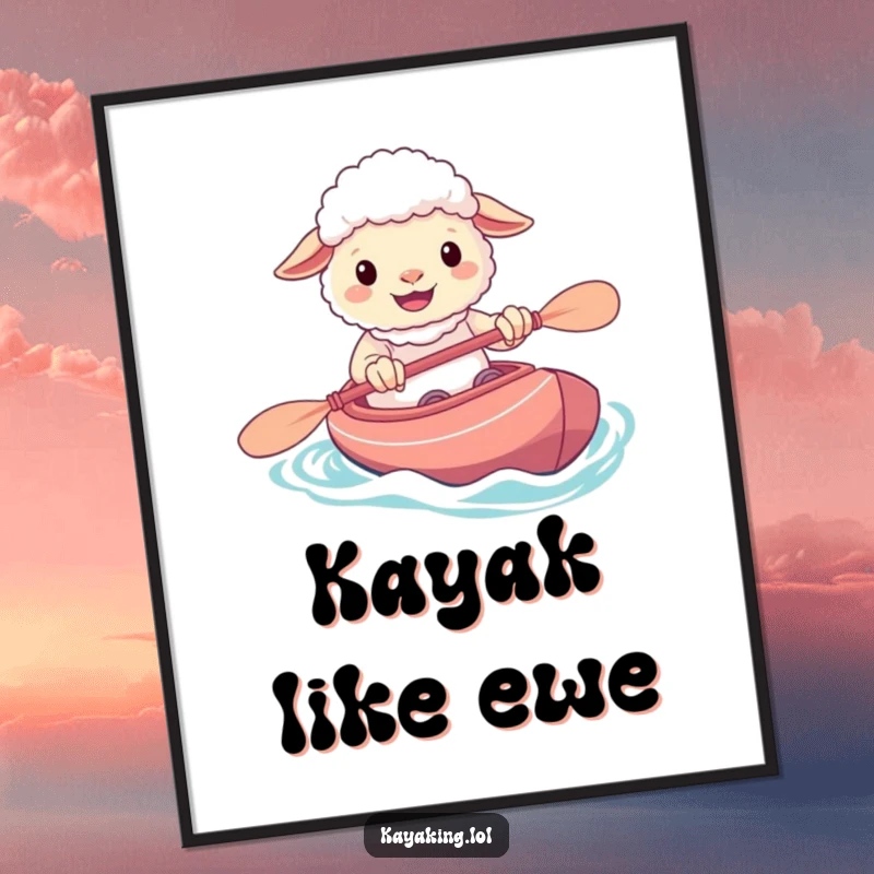 Funny art poster of a cheerful sheep with a wide grin, expertly maneuvering its kayak, embodying pure water fun.