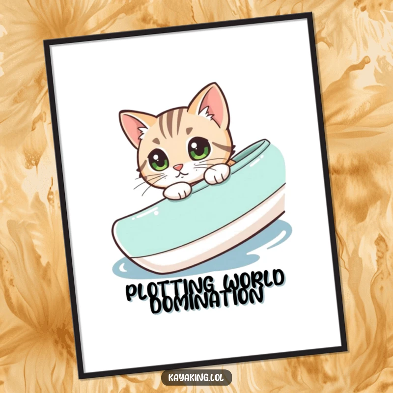 Funny curious cat peeking over a kayak's edge, a whimsical art print that adds character to any room.