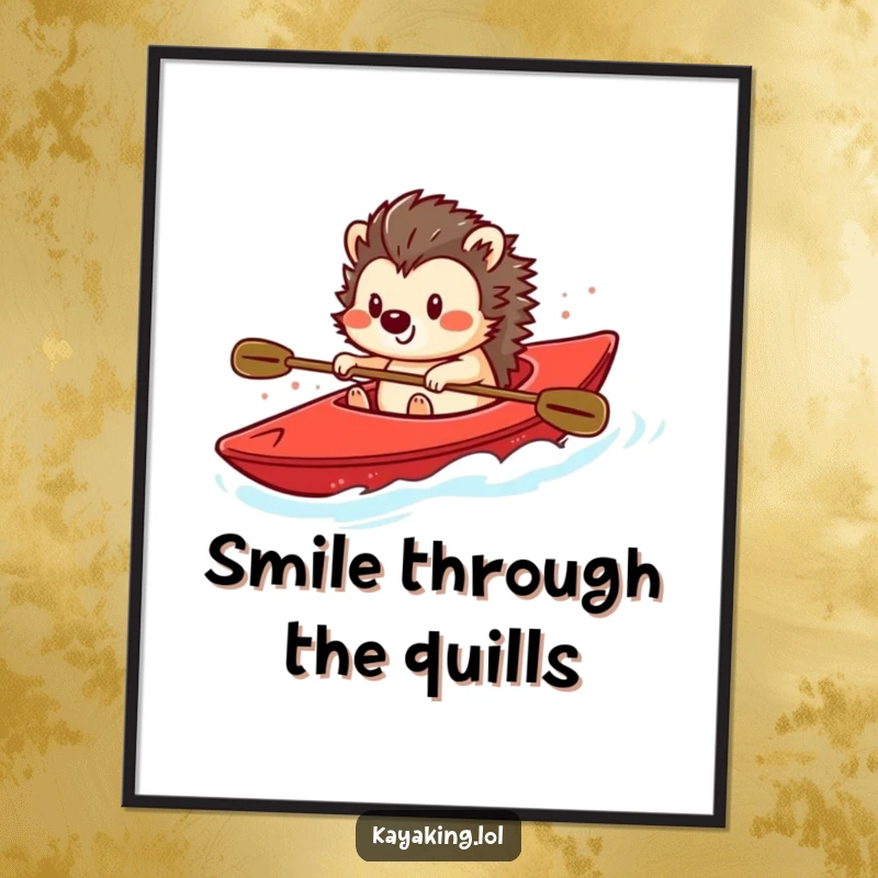 Funny poster featuring a smiling hedgehog steering a bright red kayak, creating a playful and charming aquatic wall display.