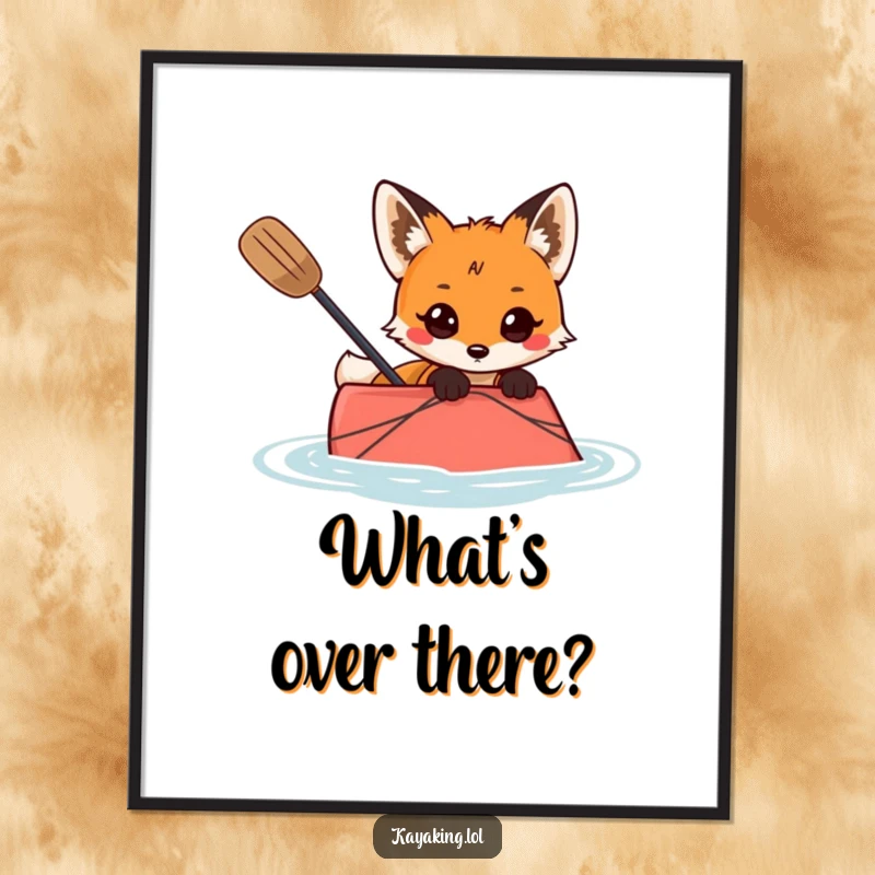Funny poster art of a curious fox peeking over the side of a kayak, inviting viewers into a mysterious scene.