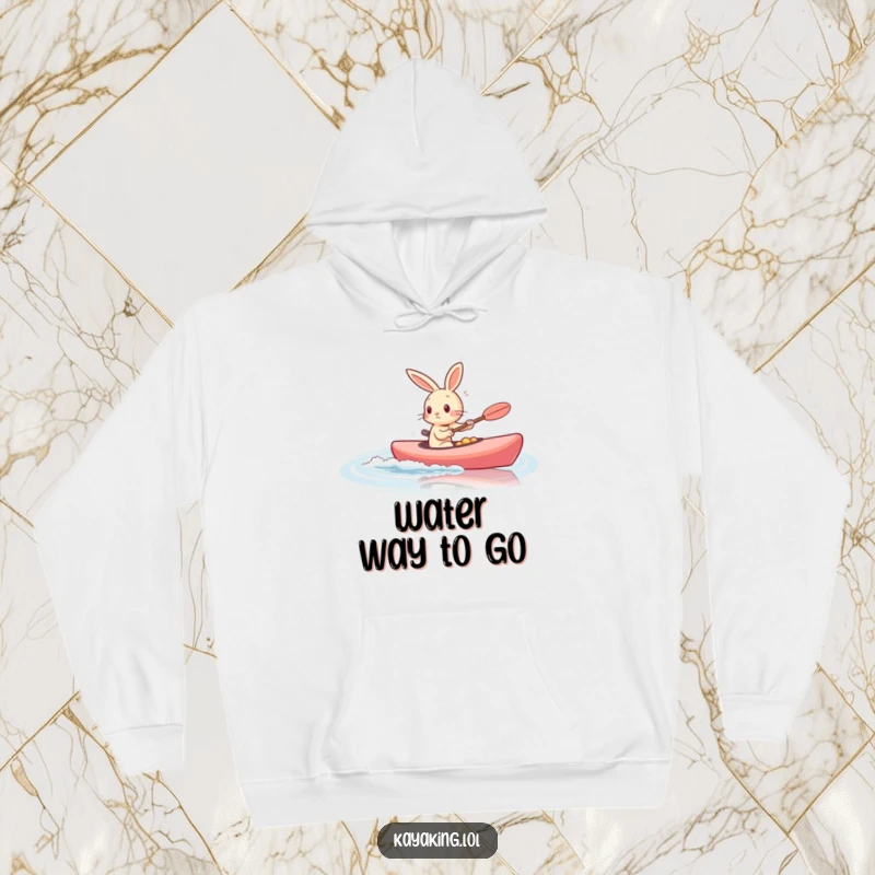 Funny rabbit kayaking rapidly on calm water, depicted on a warm hoodie for cozy, energetic vibes.