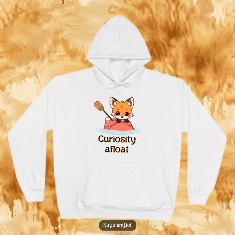 Funny hoodie with a curious fox peeking out from a kayak, embodying a sense of adventure and mystery.