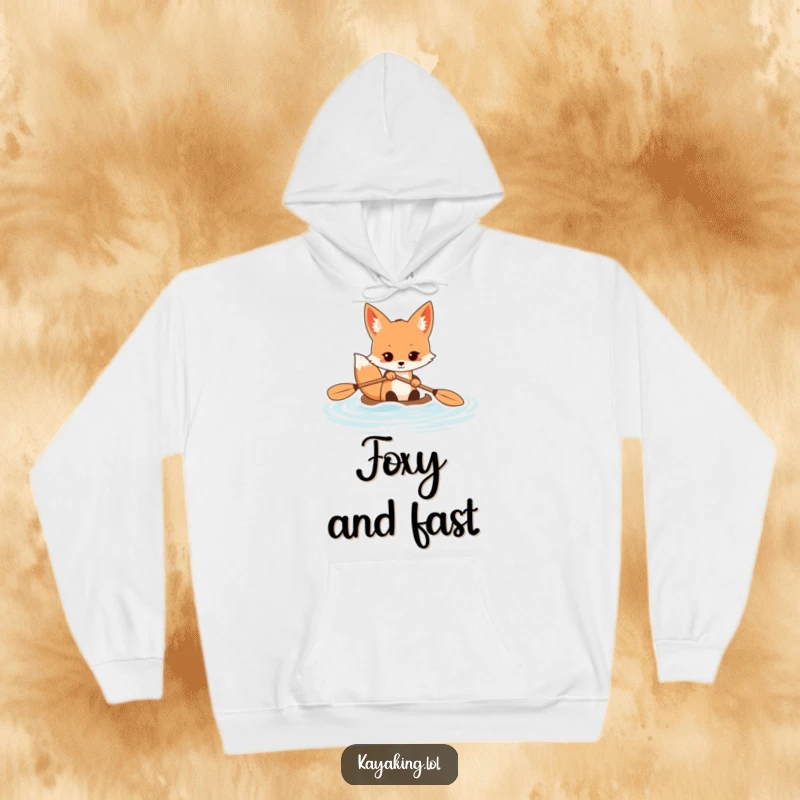 Funny fox hoodie showing a determined animal vigorously paddling a kayak, symbolizing focused energy and outdoor pursuit.