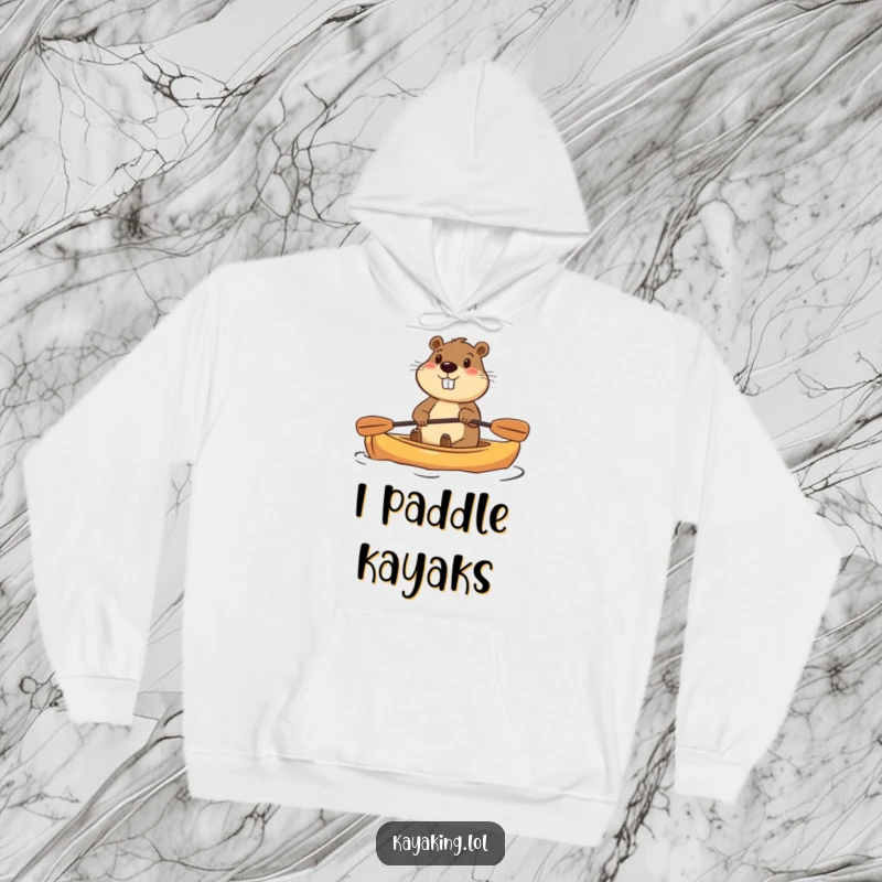 Funny hoodie with a determined beaver paddling a small kayak enthusiastically, offering warmth and a dose of humor.