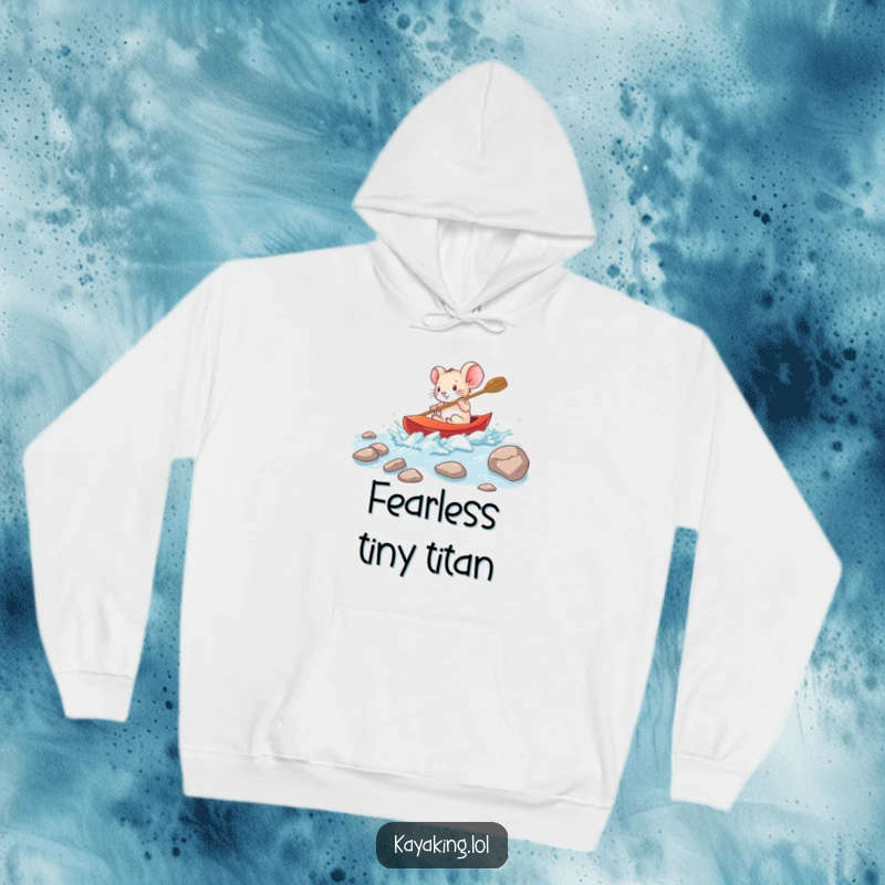 Funny brave mouse navigating rapids in a small kayak on a hoodie, a cozy and adventurous design for the fearless.