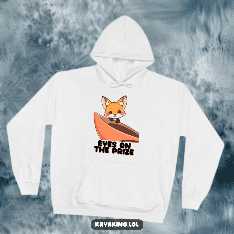 Funny curious fox peeking from a kayak on a hoodie, a cozy and adventurous design for outdoor lovers.