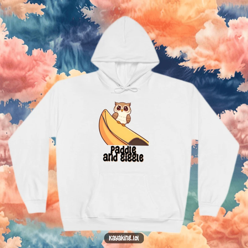 Funny giggling owl peeking over a kayak edge, showing off its comedic timing on the water. This cozy hoodie is a hoot!