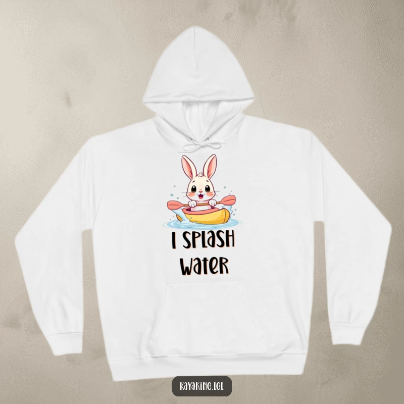 Funny hoodie showcasing a surprised bunny splashing water from a kayak with its paws, offering warmth and watery amusement.